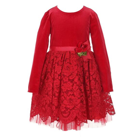 New Iris & IvyLong-Sleeve Stretch Velvet Bodice/Lace-Skirted Dress 18 months